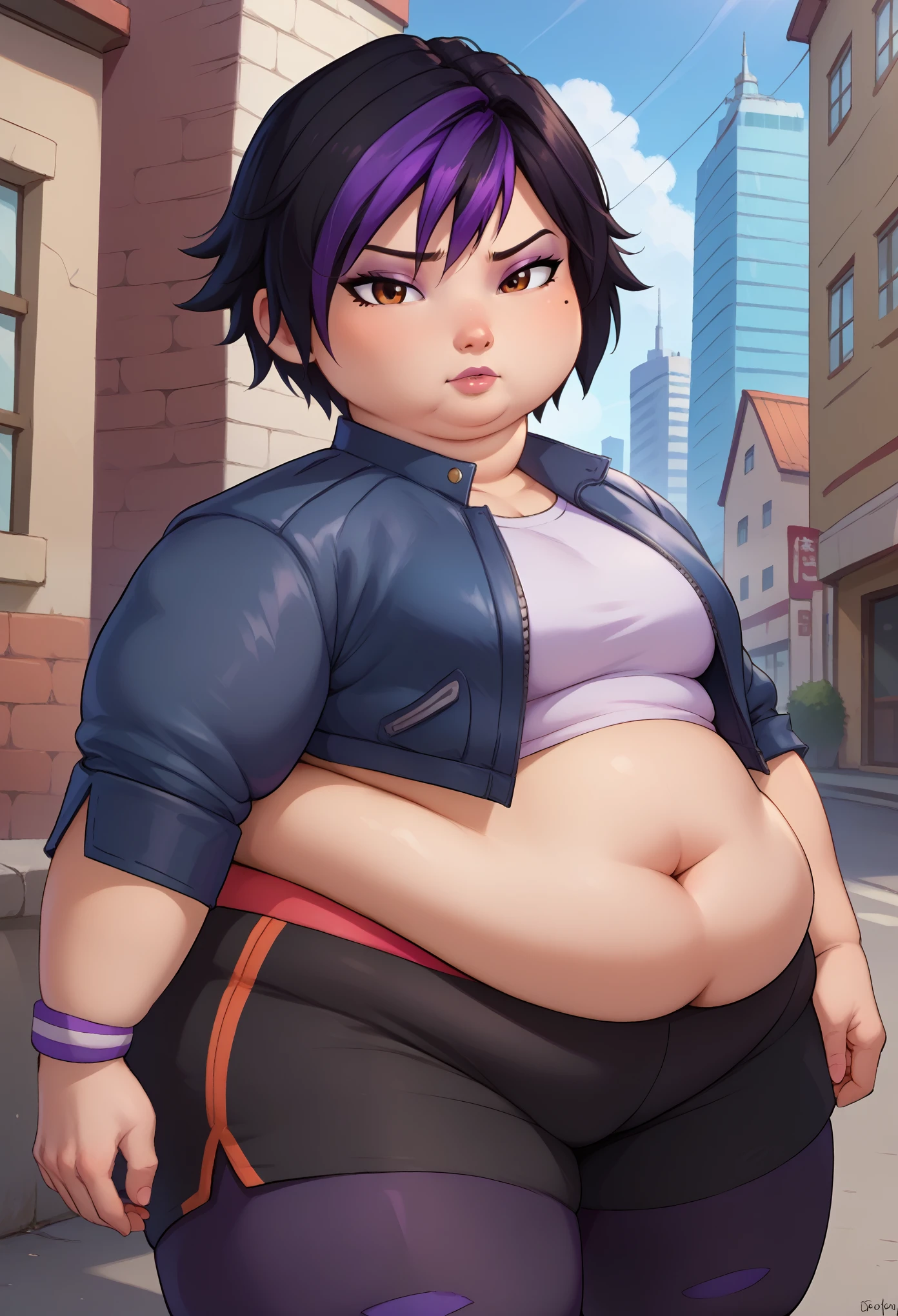 score_9, score_8_up, score_7_up, BREAK,gogotomago, 1girl, solo, short hair, black hair, jewelry, jacket, lo purple hair, shorts, bracelet, makeup, casual, cropped jacket, leggings, sleeves pushed up, capri pants, black leggings, cowboy shot, brown eyes, looking at the viewer, medium breasts,outdoors,city, fat, chubby, obese