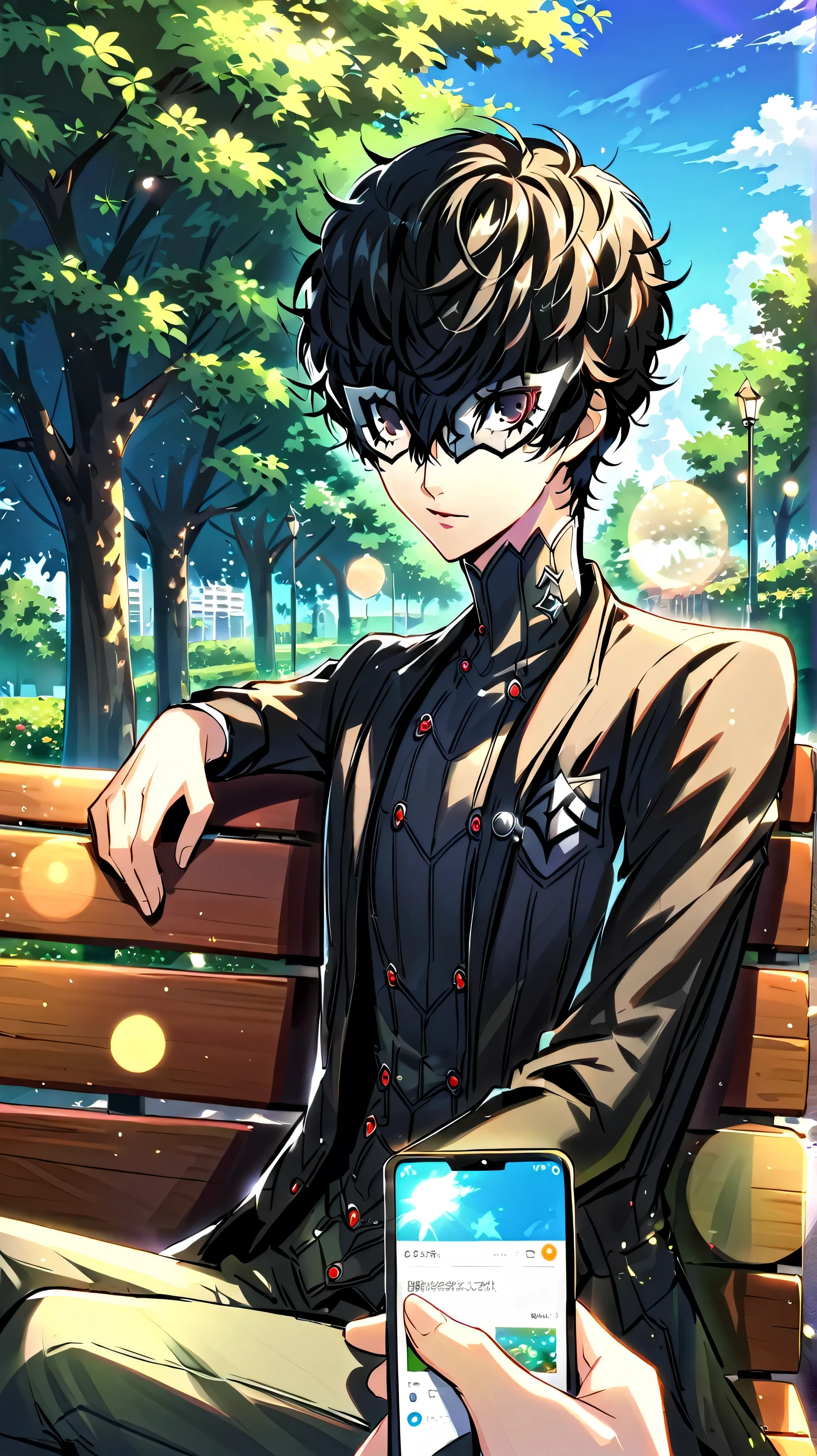 (Amamiya Ren/persona5/), man, wearing casual clothing, using smartphone, (sunny), tree bench, sitting, pov, (bokeh), sitting non-challantly