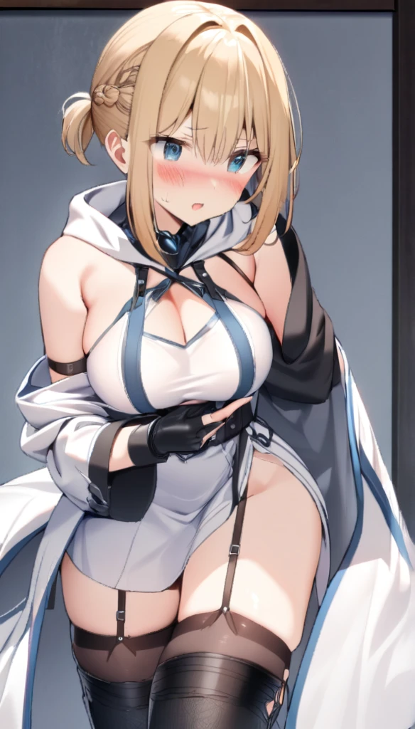 1 girl, mocking look, blush,  semi-blonde hair,  undercut hairstyle with long bangs with braces ,  with a thin, short braid behind , breasts,  wearing a white dress with blue and black ornaments with sleeves, with finger-less gloves ,, wearing a hooded blanket ,  with a leather garter on the thigh , with long stockings