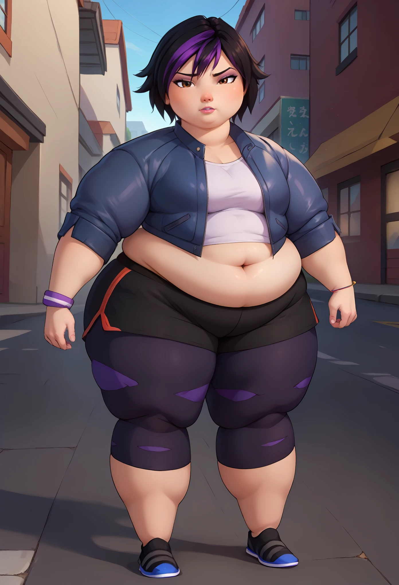 score_9, score_8_up, score_7_up, BREAK,gogotomago, 1girl, solo, short hair, black hair, jewelry, jacket, lo purple hair, shorts, bracelet, makeup, casual, cropped jacket, leggings, sleeves pushed up, capri pants, black leggings, cowboy shot, brown eyes, looking at the viewer, medium breasts,outdoors,city, fat, chubby, obese, full body, gigantic arms and legs 