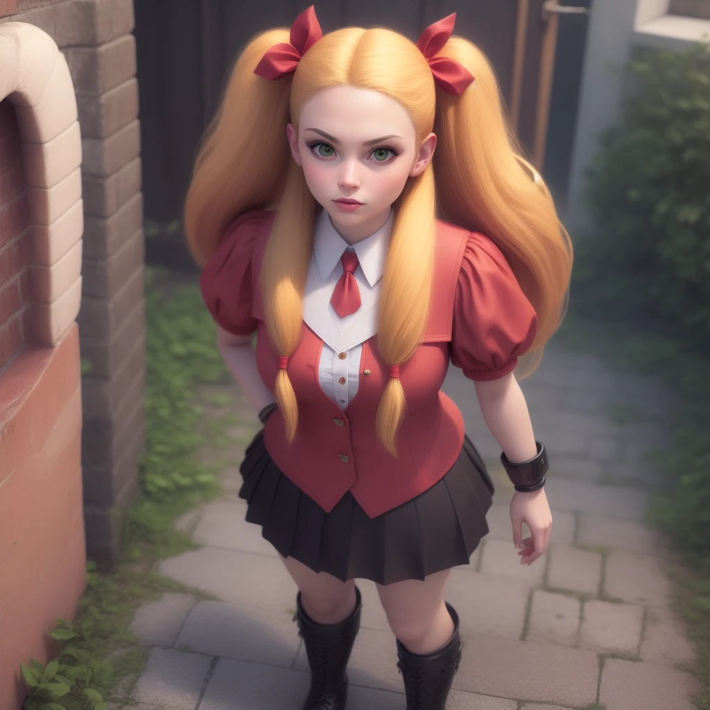 Create an evil schoolgirl vampire woman with blonde and beautiful Disney-style hair with something original in full body 3D toons version 3d style 