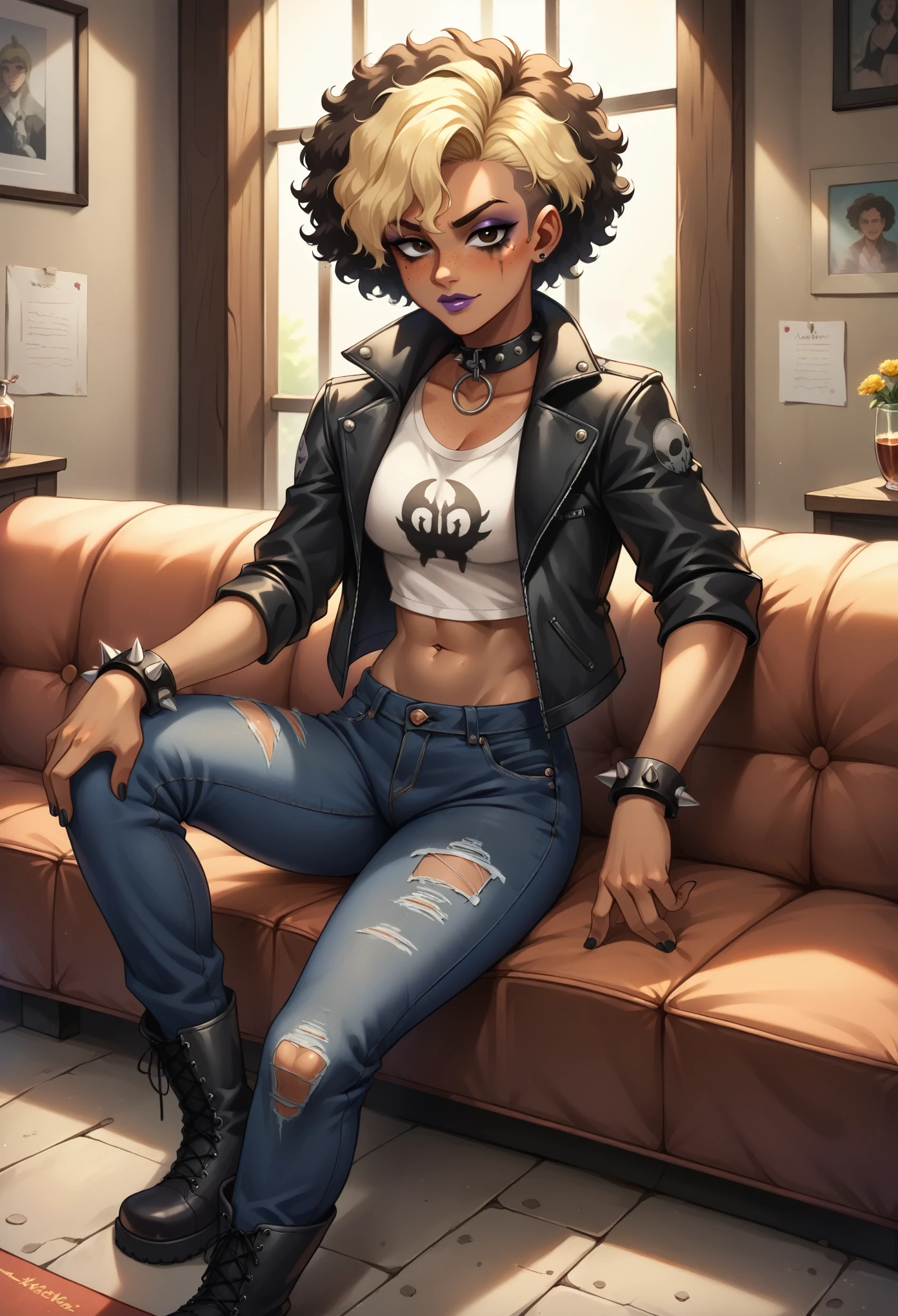 ,(masterpiece:1.2), (best quality:1.2), (very aesthetic:1.2), (absurdres:1.2), (),newest, perfect anatomy, expressive eyes, seductive, perfect face, dark skinned Blasian female with kinky afro, multicolored hair, blonde and brown hair, hair ombre, collar, black graphic tee, short leather jacket, black jeans, spiked bracelet, in a nightclub, dark and dramatic lighting, macabre setting, gothic makeup, purple lipstick, freckles, black boots, fishnets, punk, looking at viewer