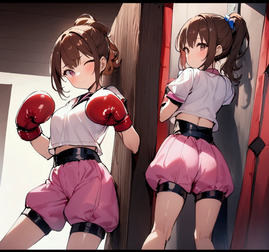 2 girls、fitness wear, shortspats、Sportsbra、Tank Tops、masterpiece、top-quality、realisitic、Hyper-detailing、(Glossy skin、be sweaty:1.4)、absurderes、Looking at the camera、short dark hair、Brown-eyed、A slender、动态照明、hight resolution、foco nítido、depth of fields、A detailed eye、Sharp eyes、Realistic eyes、(small tits:1.6)、(thick thight:1.0)、、Women's locker room、Locker Room、Shower room、Change of clothes、Half-undressed、Lower breast、pov from down、Full Body Display、Training Machine、Treadmill、Weight training、perspiring、moisture、punching bag、martial art、Boxer Size、Open Finger Gloves、shelves、punch、Spinning kick、Take off the bottom、Love Juice、A smile、red blush、teats、Clothing that shows through sweat、Kicking a punching bag、Punch to hit the ball、Covered with lotion、Muay Thai、catfight、Lotion Pro Wrestling、Climb into the ring、Spurling、Cross Counter、Martial arts、Command Sambo、Mount Position、Joint Technique、Upper Spinning Kick、Summer Salt Kick、emphasizing breasts、Take off your pants、Cat Punch