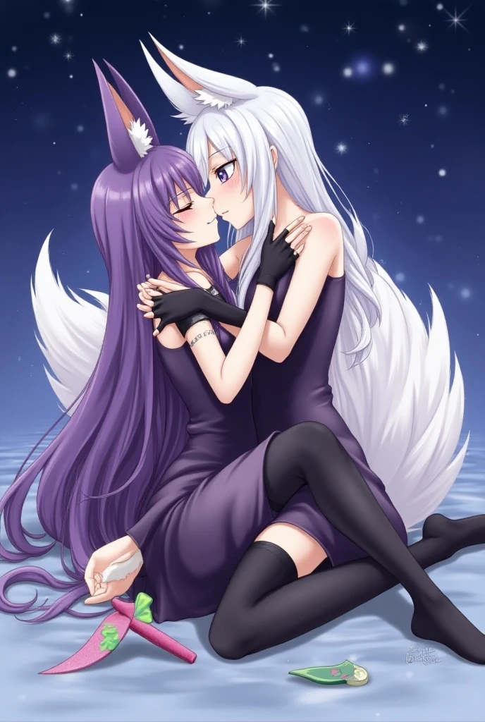 female character, fox girl, comforting a human interpretation, kissing a human interpretation, hugging a human interpretation, wrapping a human interpretation with a tail, one tail, big fluffy tail, whole body, furry ears, white long hair, purple inner hair, white slit pupils, night sky, black long gloves, fingerless gloves, medium chest, dark purple tight-fitting dress, dark pink shorts, black legwear, no boots, butterfly knife with green blade and pink handle, 