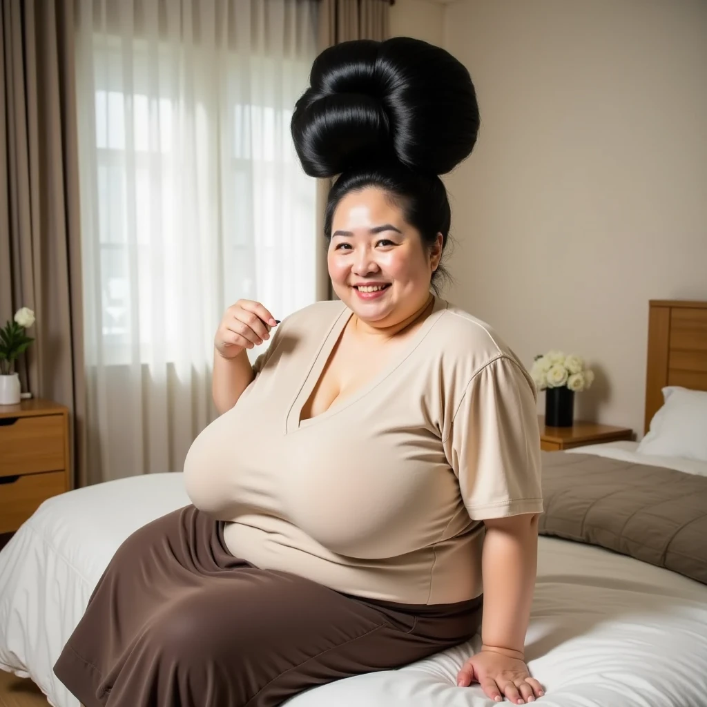 8k,Highest quality, masterpiece, Ultra-high resolution,(masterpiece:1.6, Highest quality), Intricate details, 1 female, Middle-aged woman in her 50s, japanese, full body,top of head,((jet Black Hair)) ,((A gigantic hair bun, A huge hair bun:1.5)), ((forehead:1.5)), (Extremely obese, Fat face,round face,Saggy face), crow's feet wrinkies, ((huge breasts, gigantic breasts:1.5)), ((super Saggy breasts:1.5)), ((cleavage:1.3)), pale skin, shiny skin, ((pale skin, shiny skin,Smiling happily)), (( mature woman is sitting in front of her dresser in her bright bedroom during the daytime and unraveling her huge hair bun:1.５)),((BeigeＴshirt,underboob, dark brown skirt ,Brown socks :1.2))