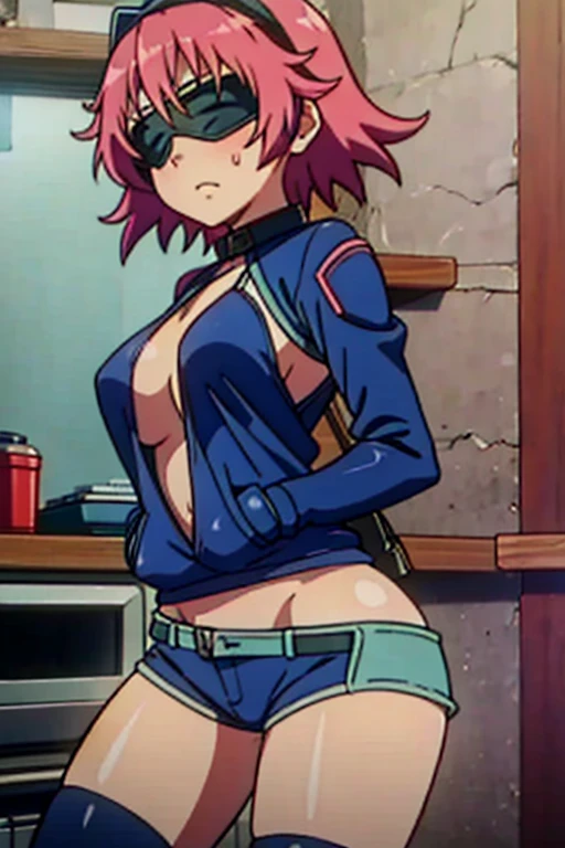 girl in a panty, wearing oven mittens tucked in pockets, blindfold