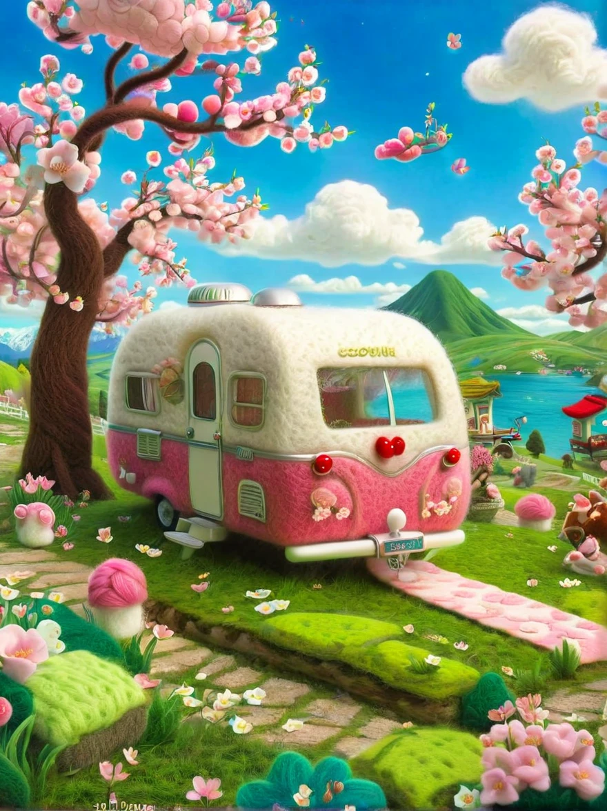  the world of wool felt，cherry blossoms，Camper，and spring scenery ，Pixar style