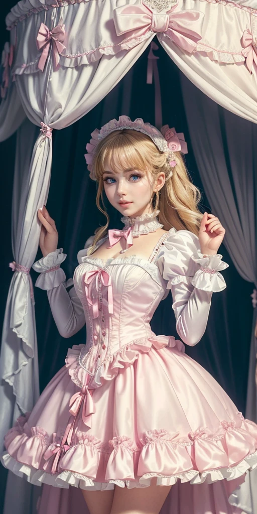 photo shoot,highest quality, masterpiece, highest resolution, artwork, (a cute girl),(),full body,((white skin)),((Blonde)),((blue eyes)),The girl is a princess, girl,girl,((a Victorian ball gown princess dress with plenty of pink frills, ribbons, and voluminous full-length hoop mini skirt)),long sleeve,A dress with lots of frills and ribbons.,mini skirt,luxury, ((palace bedroom)), ((Huge luxury victorian canopy princess’s bed)), lots of frilly pillows,frill bed mini skirt,High quality beautiful girl,High Quality Princess Bed,Are standing,STAND UP,((dress mini skirt with both hands lifted up,show lower body)),((A world without underwear,I don&#39;t have any underwear)),((Lower body is nude,No Shorts)),((show vagina,Realistic pussy)),Spread your legs wide,sexy pose,from below,nffsw,