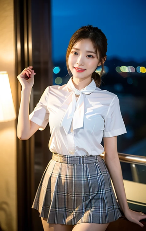 (A stunning Korean lady at night, balcony, wearing a white short-sleeve blouse, bow-tie, plaid skirt, youthful charms, smooth complexion, beautiful detailed face, beautiful detailed eyes and lips, long eyelashes, slender figure, perfect body proportion, friendly expression, cute dimples, kind smile, short hair, side ponytail, a confident & poised demeanor. 

Blurred background, Bokeh effect. (best quality,4k,8k,highres,masterpiece:1.2),ultra-detailed,(realistic,photorealistic,photo-realistic:1.37),HDR,UHD,studio lighting,ultra-fine painting,sharp focus,physically-based rendering,extreme detail description,professional,vivid colors, SFW, Safe for Work, cowboy shot, head to knee,)