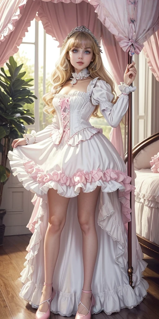 photo shoot,highest quality, masterpiece, highest resolution, artwork, (a cute girl),(),full body,((white skin)),((Blonde)),((blue eyes)),The girl is a princess, girl,girl,((a Victorian ball gown princess dress with plenty of pink frills, ribbons, and voluminous full-length hoop mini skirt)),long sleeve,A dress with lots of frills and ribbons.,mini skirt,luxury, ((palace bedroom)), ((Huge luxury victorian canopy princess’s bed)), lots of frilly pillows,frill bed mini skirt,High quality beautiful girl,High Quality Princess Bed,Are standing,STAND UP,((dress mini skirt with both hands lifted up,show lower body)),((A world without underwear,I don&#39;t have any underwear)),((Lower body is nude,No Shorts)),((show vagina,Realistic pussy)),Spread your legs wide,sexy pose,from below,nffsw,