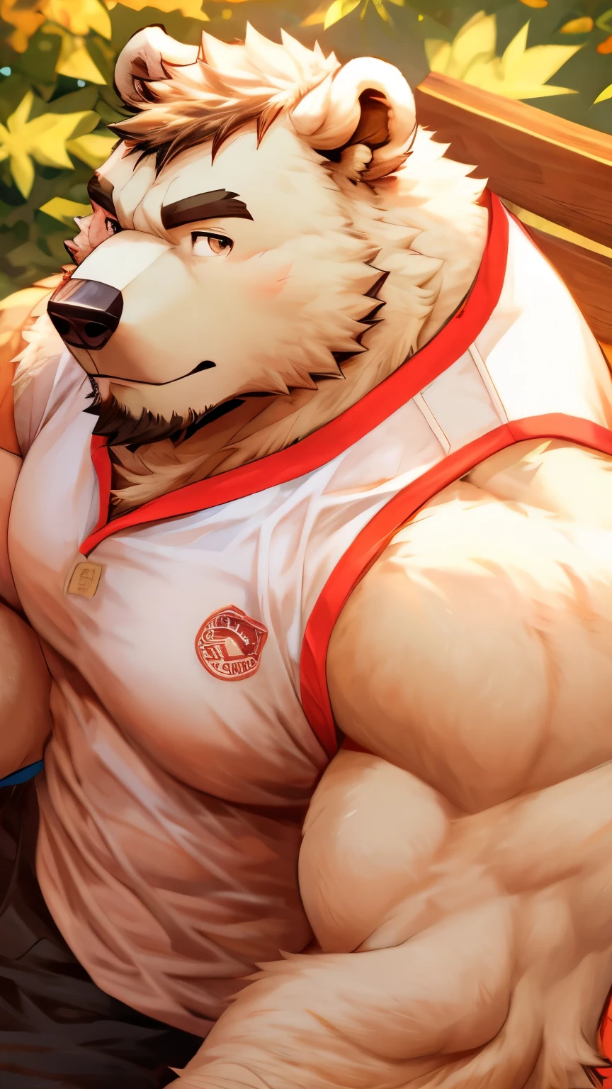 (Amamiya Ren/persona5/), wearing school uniform, summer, (sunny), tree bench, sitting, close-up view, (bokeh), sitting non-challantly, muscular, hairy, (anthro polar bear 1.5)