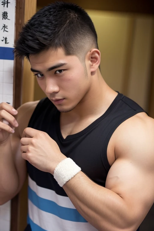Japanese men、13 years old、Well-developed muscles and smooth skin、Short Red Hair、Relaxed and friendly smile、Tight boxer briefs、The whole body is visible from toes to head、Fist pump in the bathroom、