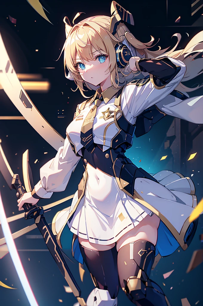 mecha wing、Thighs、tights、chest、Blonde Hair、 1 girl、 solo girl 、income、 headphones、idol dress、 holding a sword 、Has a shield、mecha girl、White Skirt