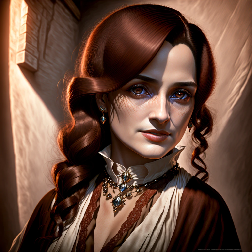 a beautiful lady, elegant woman, long dark hair, piercing brown eyes, full lips, porcelain skin, ornate jewelry, flowing dress, medieval fantasy, renaissance era, dramatic lighting, dramatic camera angle, (best quality,4k,8k,highres,masterpiece:1.2),ultra-detailed,(realistic,photorealistic,photo-realistic:1.37),vivid colors,cinematic composition,dramatic chiaroscuro lighting