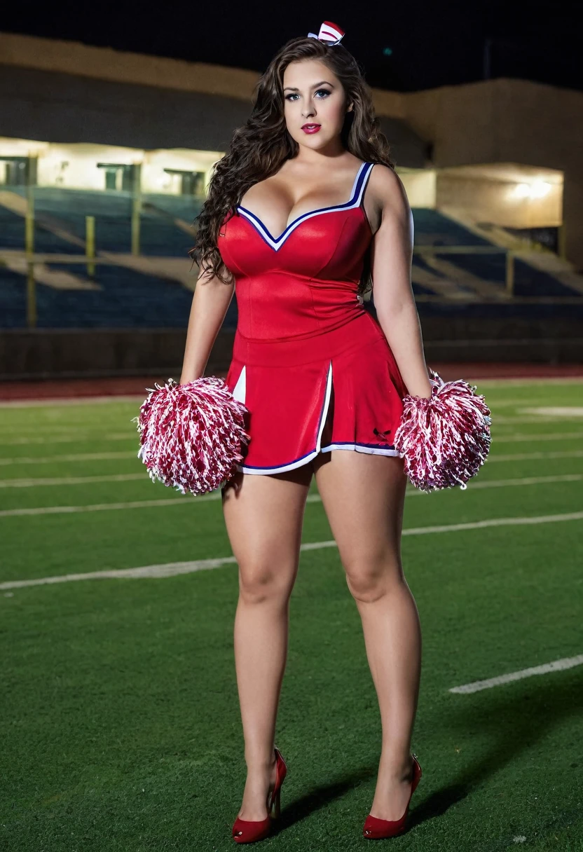 Rilee Marks (masterpiece, perfect eyes, photorealistic, intricate details, hi-res, 8k) portrait of girl standing at a basket ball game on court, soft even lighting, 20 years old, beautiful woman, looking at viewer, full body view, dark brown eyes, very pale blond hair,  ((shiny red and silverskirt and shirt)), (dress as a cheerleader) . high thigh stockings with belts and garter, top shows  a nice cleavage, small perky breasts, sexy pose, (lots of ghetto tattoos all over her arms and legs and chest and stomach), wide hips, large thighs gap, very small shoulders, twintails, shy smile, red lipstick, shy smile,  navel piercing, jewelry, bracelets, Quick Catliner, cute eye liner, thin, red lipstick, 
