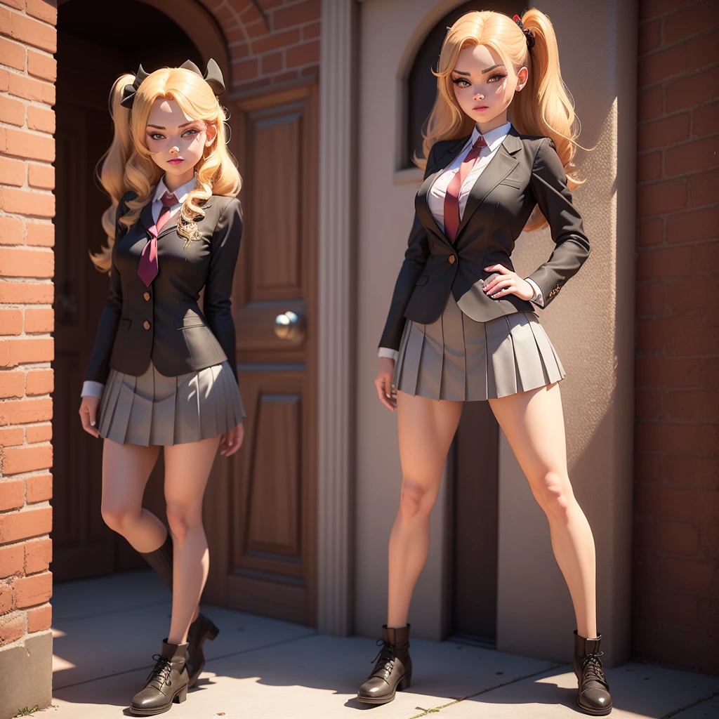 Create an evil schoolgirl vampire woman with blonde and beautiful Disney-style hair with something original in full body 3D toons version 3d style 