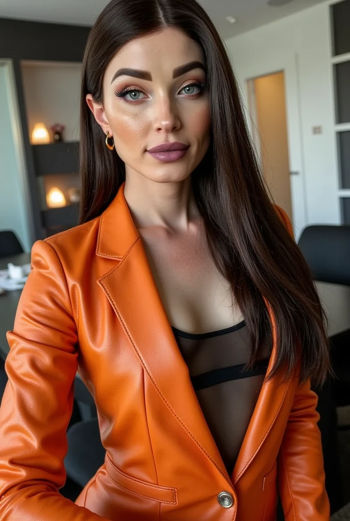 Natalie Mars (nat4liem4rsflx), a beautiful female business executive wearing an orange leather Armani business suit with a open black buttondown mesh shirt, straight dark hair, strong seductive makeup, bedroom eyes, cinematic lighting, a corporate photography, top executive office in the background, godrays