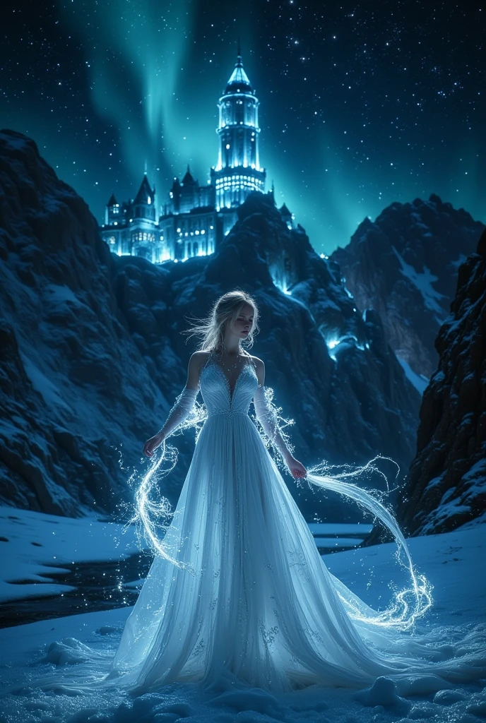  On a night with an aurora appearing from the sky a large ice castle illuminated by the light of magic(very light blue )IN THE MOUNTAINS.  In the background a 25-year-old woman ,  long blond hair flying through the vedo , blue eyes, Norwegian fair-skinned ,  wearing a long double cut dress  (White como a neve e azul), Showing all your snow magic(White)