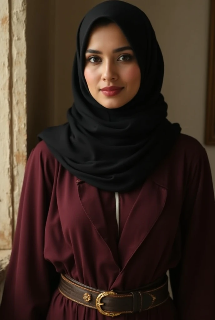 Dark and beautiful ,stunning ,curvy 40 year old Arab Muslim woman wearing a dark maroonish puce brown hijab showing top part of hair near forehead and dark puce abaya frock showing cleavage big breas,ts showing deep cleavage big boo,bslow neckline in depth of field apartment interior background