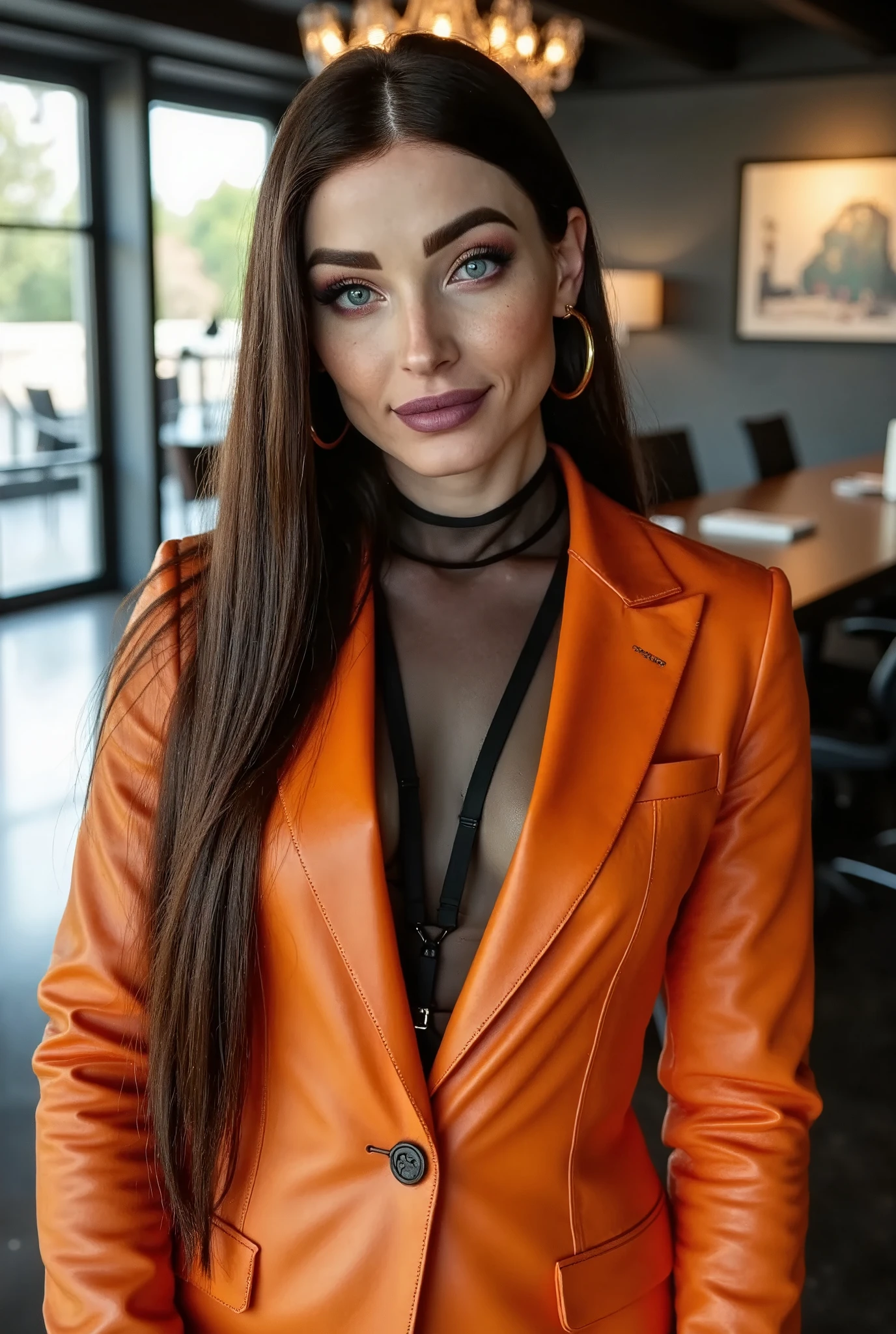 Natalie Mars (nat4liem4rsflx), a beautiful female business executive wearing an orange leather Armani business suit with a open black buttondown mesh shirt, straight dark hair, strong seductive makeup, bedroom eyes, cinematic lighting, a corporate photography, top executive office in the background, godrays