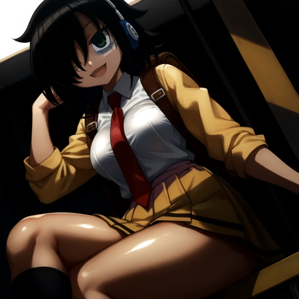 score_9, score_8_up, score_7_up,, solo, source_anime, tomokoxl, bags under eyes, hair over one eye black hair, medium hair, school uniform, red necktie, yellow skirt, mini skirt, micro skirt, short skirt , pleated skirt, yellow jacket, sitting, crossed legs, thick thighs, shiny skin, focus in crossed legs, underwear, white underwear, shiny underwear, lace underwear, white lace underwear, shiny lace underwear, panties, white panties, shiny panties, only crossed legs pose, sexy crossed legs, perfect crossed legs, sexy legs, oiled thighs, oiled legs, smile, open mouth, glowing green eyes, breasts, large breasts, voluptuous bust, toned breasts, cuvy breasts, round breasts, full breasts, sheer knee highs, black knee highs, black sheer knee highs, backpack, leather backpack, brown backpack, focus in crossed legs, focus in legs, blushing, no shoes, cute feet, cute legs, headphones, blue headphones, Beats Studio headphones, blue Beats Studio headphones, Dutch Angle, From Below, Anime, proportionate legs, moderate lenght legs, relaxed pose, defined thighs, natural knees, curvy legs, rounded and full thighs, crossed legs, 2 legs, normal legs, human legs, legs crossed while sitting, symmetrical knee highs, equal-leght knee highs, voluptuous thighs, smooth skin, prominent thighs, voluminous thighs, toned thighs, toned legs, sculpted thighs, defined thighs,