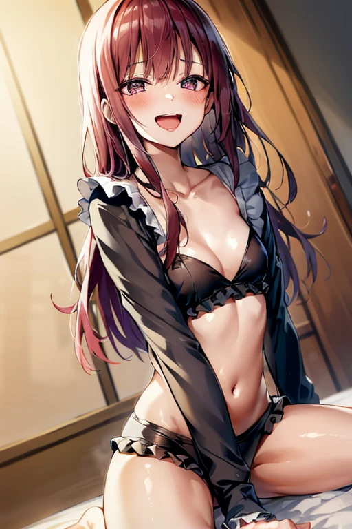 ((Best Quality)), ((masterpiece)), (be familiar with),  perfect face, indoor, bedroom,  watching viewers,
One woman,  Kitakawa Kaiumi,
Open Mouth, Ecstatic expression, blush, smile,
Small breasts,  flat chest, , , , Girl,
Long Hair,  long hair,
Leg spread,