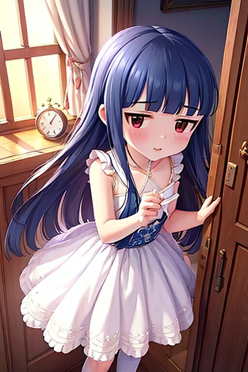 In underwear、Blue Bra、Blue Panties、Panties in full view、In underwear、 1girl,   utsumiericeFA,long sleeves, bare shoulders, jewelry, puffy sleeves, necklace,, streaked hair,  blue ribbon, puffy long sleeves,magatama,