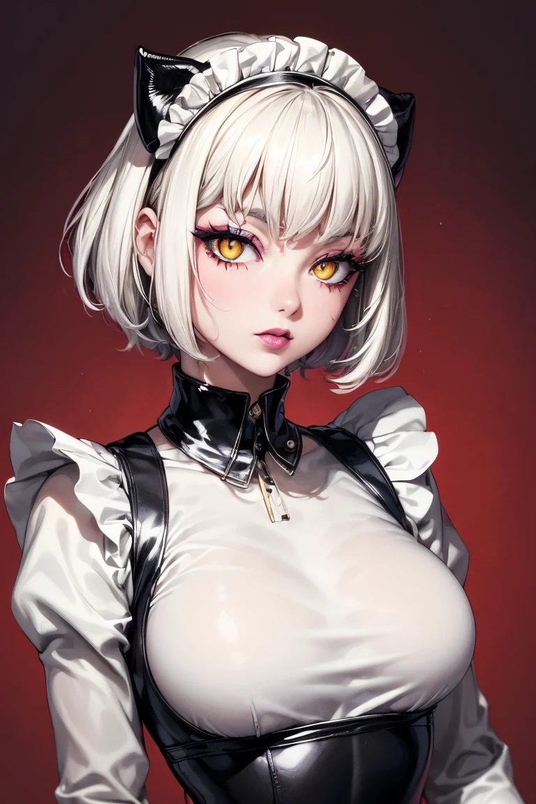 (best lighting) (best quality, masterpiece:1.2), (absurdres), wide portrait, alluring, ethereal, flirtatious, woman, ((very short, messy, cropped, boyish, white hair), ((yellow eyes)), (detailed eyes), (((glossy, shiny, black lipstick))), full lips, ((white latex maid outfit)), ((thick, metal collar)), high fashion, (slim),((small breasts)), wide hips, bold red background, abstract background, soft lighting, hazy, cinematic,