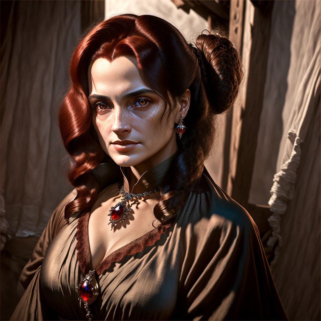 a beautiful lady, elegant woman, long dark hair, piercing brown eyes, full lips, porcelain skin, ornate jewelry, flowing dress, medieval fantasy, renaissance era, dramatic lighting, dramatic camera angle, (best quality,4k,8k,highres,masterpiece:1.2),ultra-detailed,(realistic,photorealistic,photo-realistic:1.37),vivid colors,cinematic composition,dramatic chiaroscuro lighting