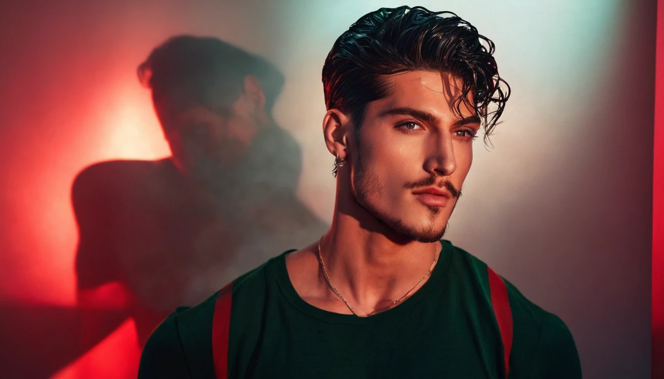 a 21 year old man, Jacobelordiycanyaman,  elegant black hairstyle cut on the sides wet,  natural green eyes , thick lips, muscular tissue ,  perfect eyebrows , short, low beard , shiny skin,  neck with tattoo , shiny skin, ,  ULTRA REALISTIC AND COMPLETE PHOTOGRAPHIC REALISM PHOTO , shirtless in a room with red light , He is lying down,  with the hand on the face and the right hand on the parts  