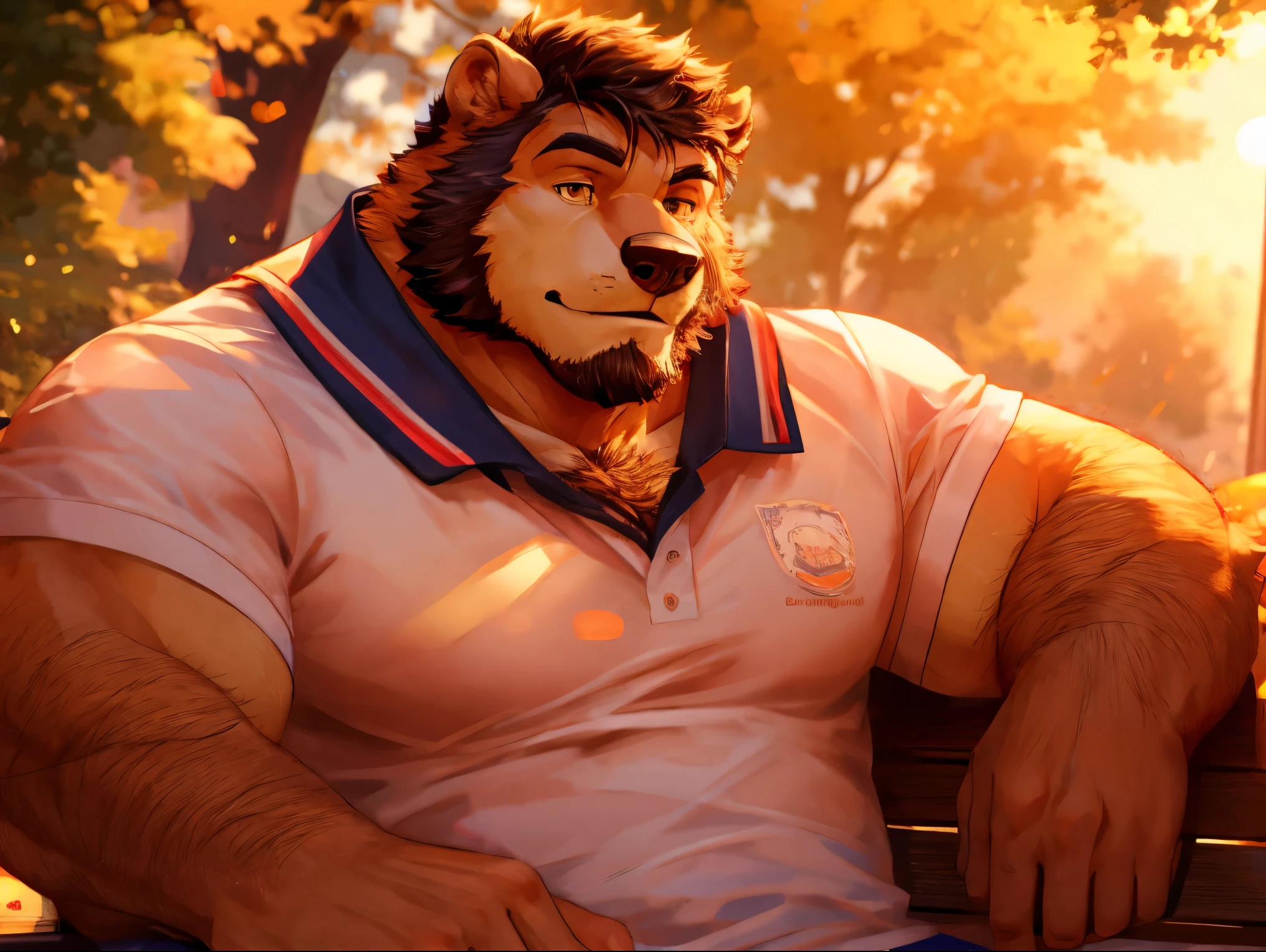 male school uniform, summer, (sunny), tree bench, sitting, close-up view, (bokeh), sitting non-challantly, muscular, hairy, , golden hour, cinematic lights