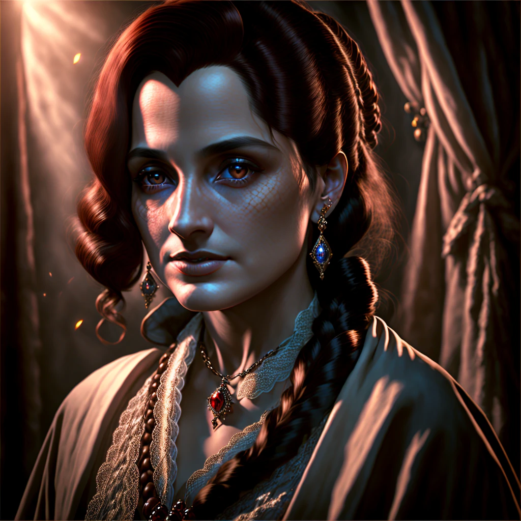 a beautiful lady, elegant woman, long dark hair, piercing brown eyes, full lips, porcelain skin, ornate jewelry, flowing dress, medieval fantasy, renaissance era, dramatic lighting, dramatic camera angle, (best quality,4k,8k,highres,masterpiece:1.2),ultra-detailed,(realistic,photorealistic,photo-realistic:1.37),vivid colors,cinematic composition,dramatic chiaroscuro lighting