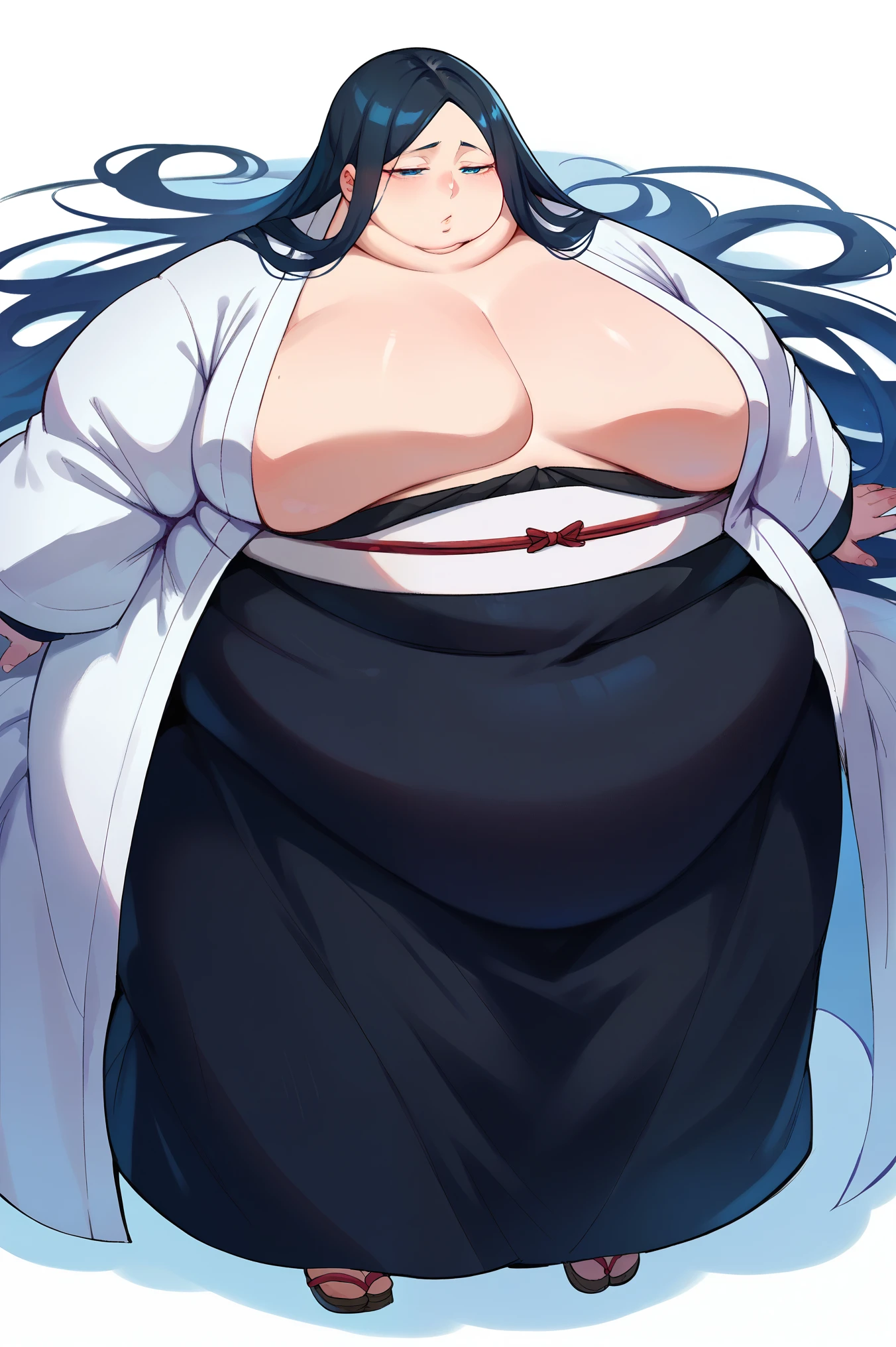 unohana_tybw, blue eyes, very long hair, straight hair, black hair, narrowed eyes, black kimono dress, white coat, white obi, fat, chubby, obese, full body shot 