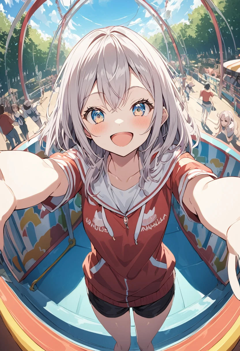 Welcome the audience with open arms,Big smile,Alisa Mikhailovna Kujo,amusement park,Fisheye Lens,  Cell Shading 