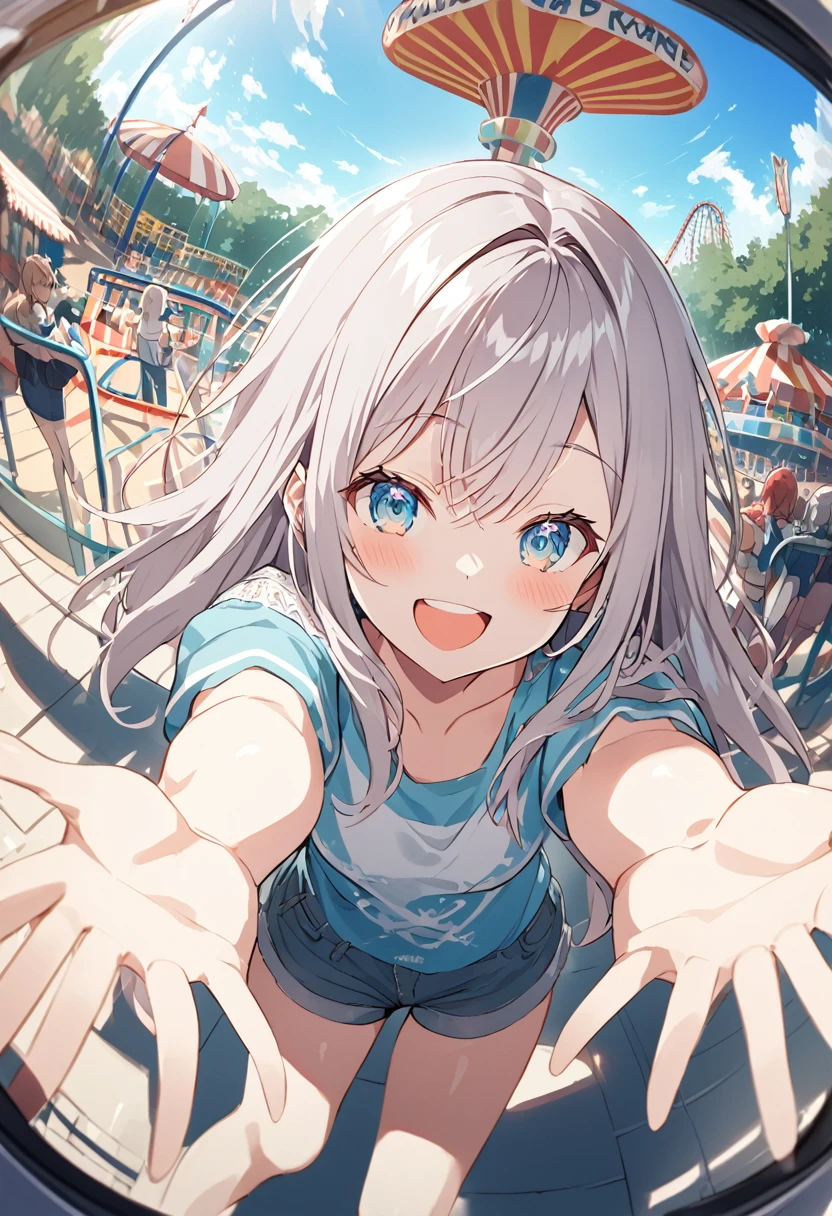 Welcome the audience with open arms,Big smile,Alisa Mikhailovna Kujo,amusement park,Fisheye Lens,  Cell Shading 