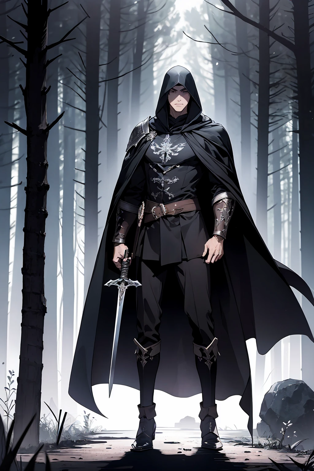 High resolution, Masterpiece, Super detailed, Full body display, Full body angle from head to shoes, Fantasy characters, 1 man, Dirty and rough black hood and cape, Height 195 cm., Weight 75 kg., Holding a sword. Very Big Sword, Black Sword, similar to Diablo style, the lighting in the scene is dark and creepy, (dark forest, scary forest, ancient castle ruins).