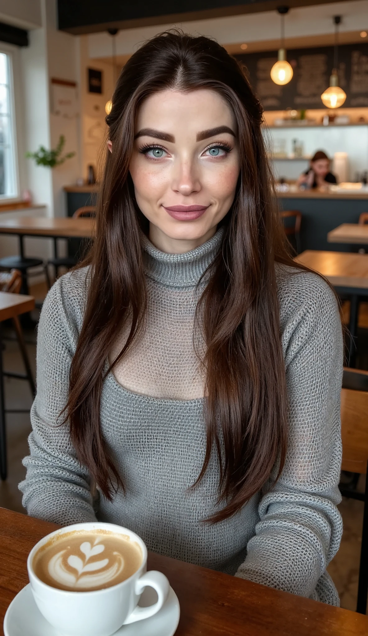 realistic photo of Natalie Mars (nat4liem4rsflx), long hair. wearing a turtleneck sweater, sitting in a cafe having a coffee, looking at viewer.