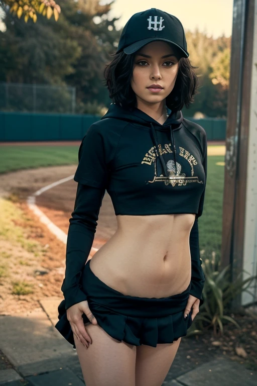 Sexy woman with a baseball cap and a black shirt, (NSFW), the woman standing, black haired girl wearing hoodie, in a black hoodie, seductive woman, thicc, beautiful woman, in a hoodie, moe, ecchi, touching her clothes, hyperrealistic schoolgirl