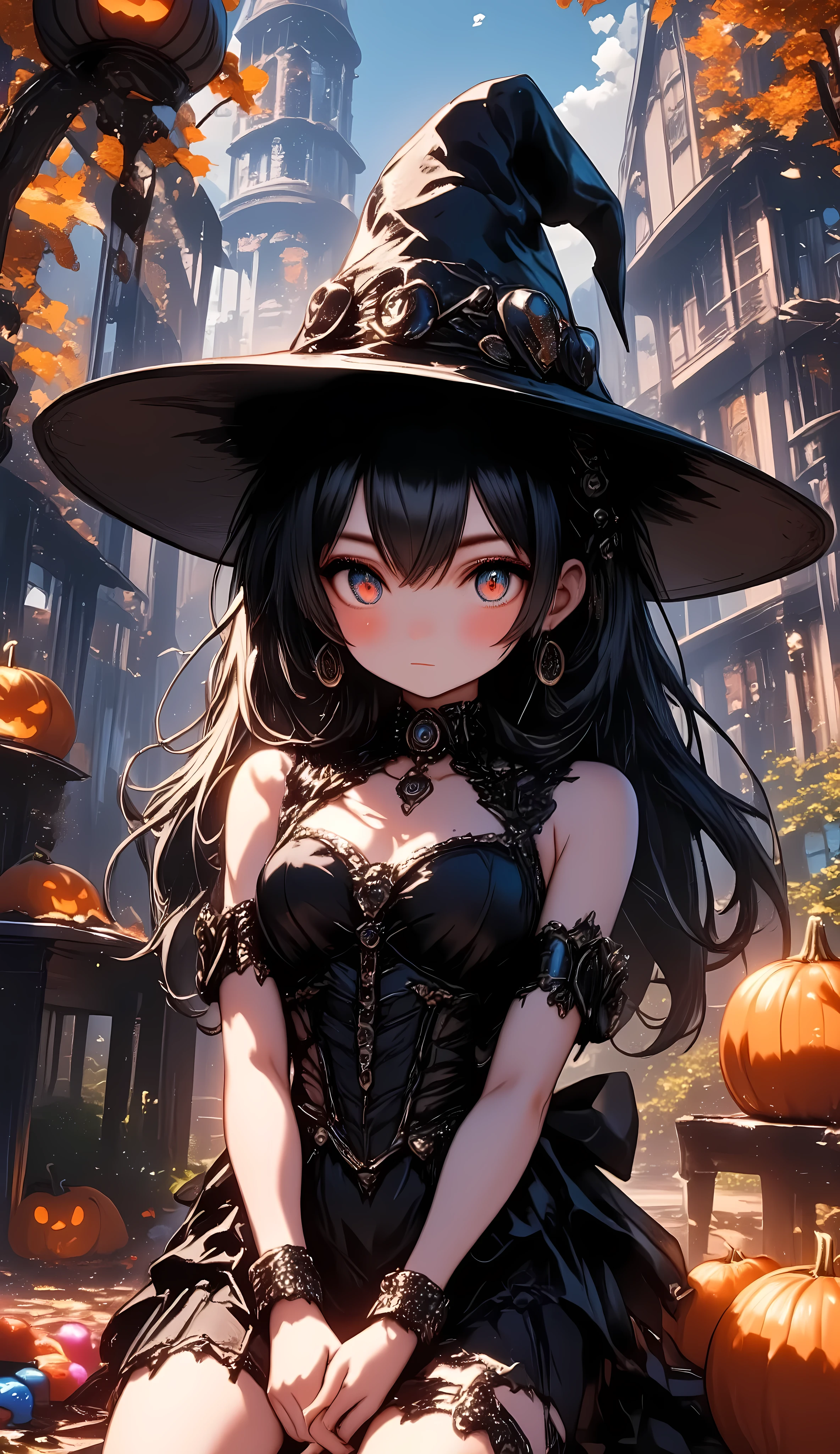 A wonderful Halloween event, a girl in a halloween costume, detailed face, beautiful detailed eyes, beautiful detailed lips, extremely detailed face and features, longeyelashes, pumpkin carving, candies, autumn leaves, dramatic lighting, moody atmosphere, dark fantasy, cinematic lighting, ornate halloween decorations, masterpiece, (best quality,4k,8k,highres,masterpiece:1.2),ultra-detailed,(realistic,photorealistic,photo-realistic:1.37), halloween, spooky, dark, moody, cinematic, Halloween effect, ARW