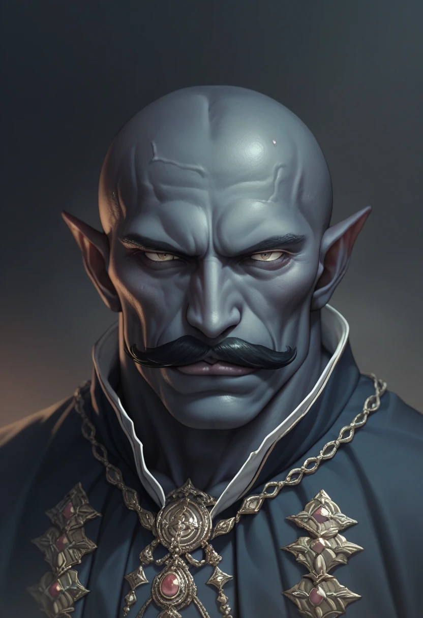 A good looking rakshasa of Indian mythology dark blue skin pointy ear bald head black moustache muscular black eyebrows body dark background