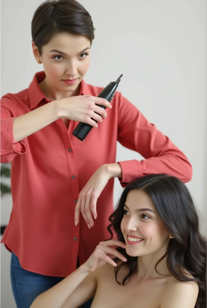 Two tall beautiful young women, one shaving the others head. ((((first woman is bald her head is shaved clean to pale skin)))), (((she is holding "Wahl" hair clippers which are currently shaving the second woman's head, she is intensely looking at (the second woman's half bald head)))). (((The second woman has her left-side of her head shaved bald and the right-side has hair), she is looking at the viewer and smiling, there are short hair bits and many strands of cut hair that cover her shirt and are stuck on the second woman's face))).