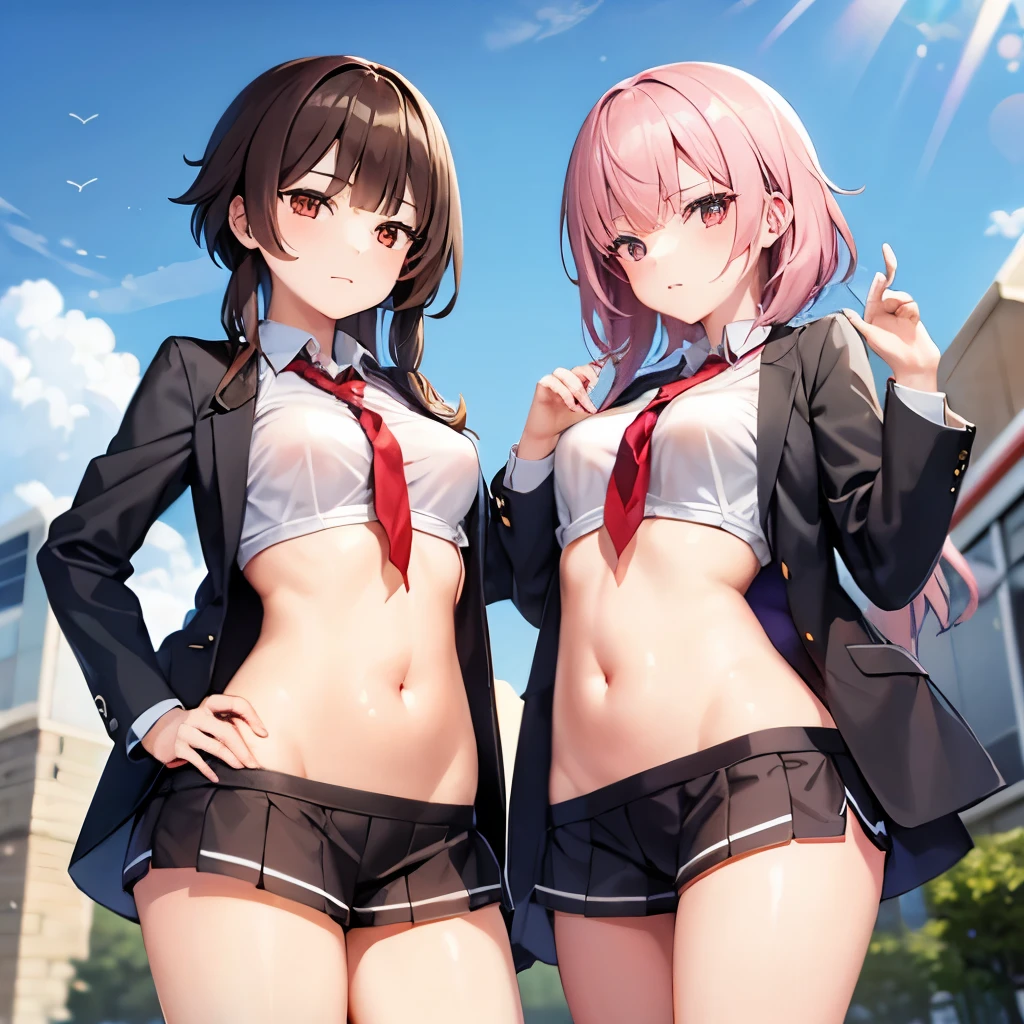 Two Beautiful girls , small breasts, school uniform, split shorts, belly exposed