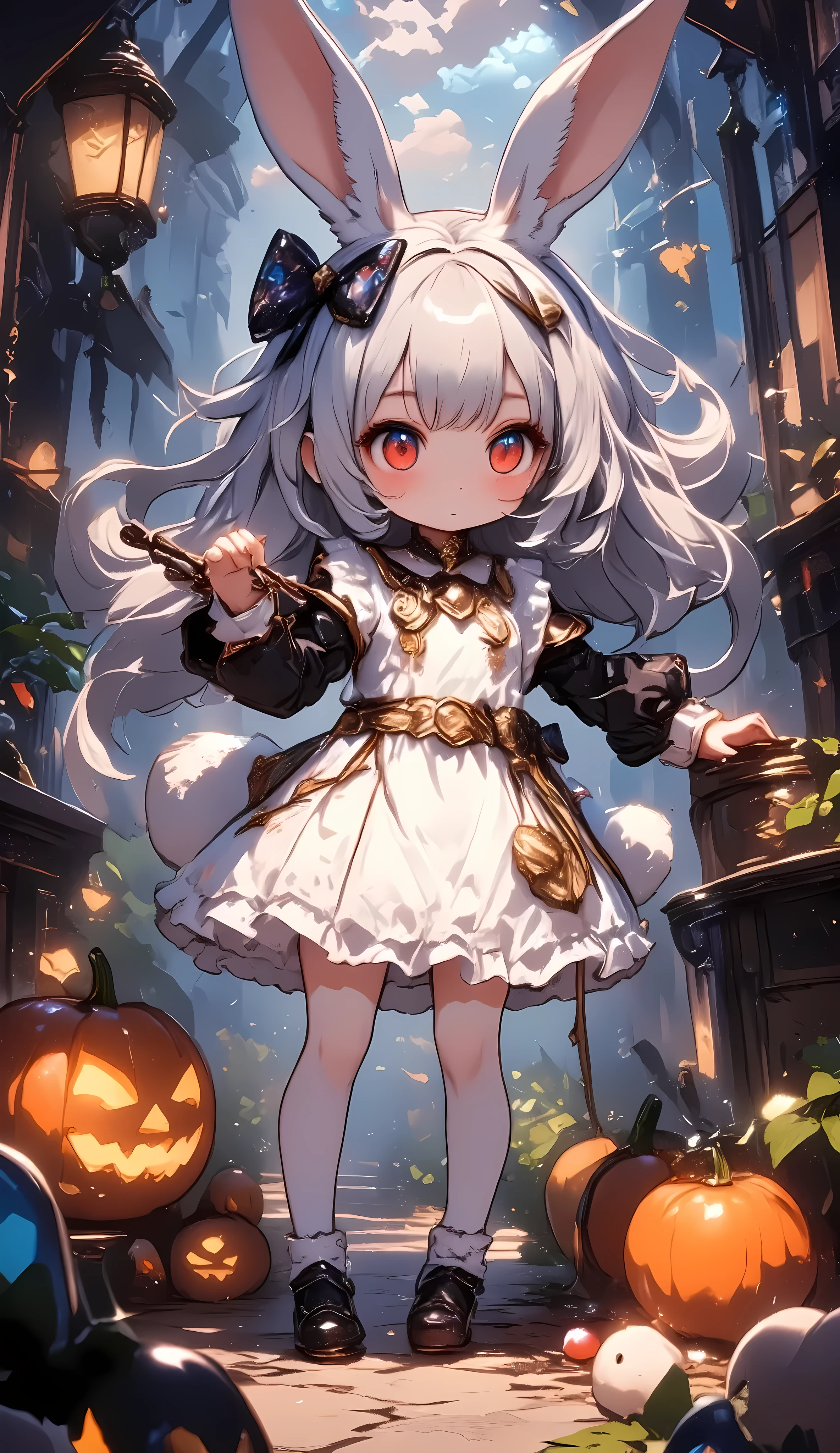 A wonderful Halloween event, a girl in a halloween costume, \(Chibi,cute,Cute,small ,Gray Hair, very long hair,bangs,\(fluffy white bunny-\), bunny tail,Red Eye,Big Eyes,Beautiful sparkling eyes,Skin color is white,Big hair bow, white frill dress ,chest,Full Body\), , detailed face, beautiful detailed eyes, beautiful detailed lips, extremely detailed face and features, longeyelashes, pumpkin carving, candies, autumn leaves, dramatic lighting, moody atmosphere, dark fantasy, cinematic lighting, ornate halloween decorations, masterpiece, (best quality,4k,8k,highres,masterpiece:1.2),ultra-detailed,(realistic,photorealistic,photo-realistic:1.37), halloween, spooky, dark, moody, cinematic, Halloween effect, ARW