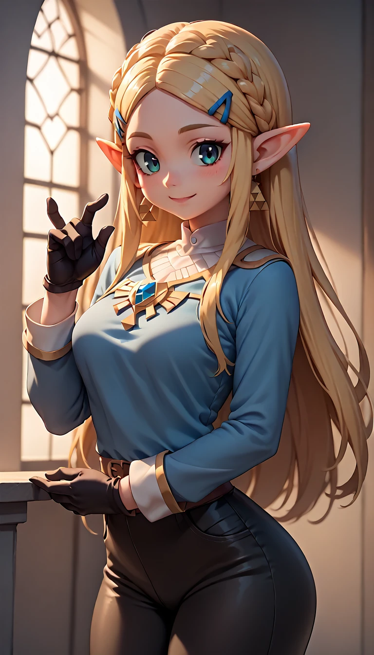 High resolution, Very detailed, perfect lighting, beautiful detailed eyes,   ((masterpiece,Best Quality)), absurdities, Alone,     princess zelda, by the wide, crown braid, Hair clip, pointy ears, blue shirt, long sleeves, Gloves without fingers, black gloves, Black pants, tight pants, smile, curves, nod,   , 