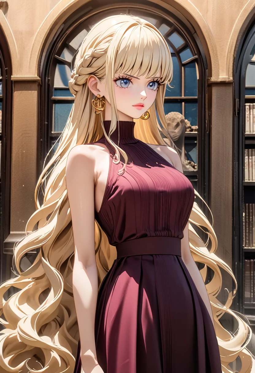 ANIME STYLE,  female character one piece ,, pink lips, Serene expression,  deep blue eyes like the ocean , Necessary, HD model,  High resolution , very long hair , light blond hair,  braid hair that is over the right shoulder , Long FRINGE,  high neck sleeveless blouse in burgundy color  , shoulders exposed, long black skirt,  long gold waterfall earrings emphasized the delicate face. ,  background large glass windows and elegant book shelves  