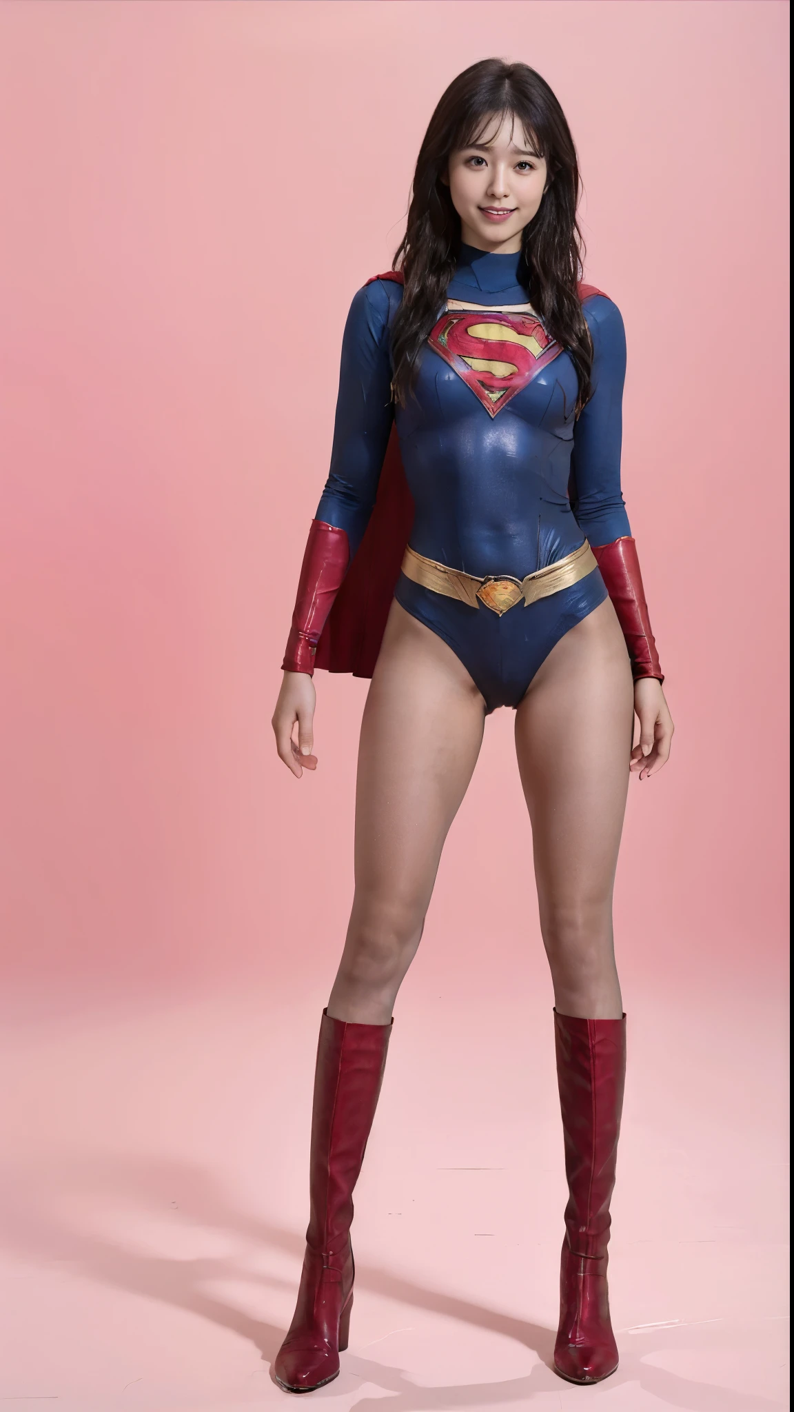 No background、(((Beautiful legs in black tights.)))、(((  Legally express the beauty of your smile)))、(((( Make the most of your own original images)))、((( Supergirl Costume )))、(((Beautiful Hair)))、(((suffering)))、(((Please wear black tights....、Wear red boots)))、((Best Quality、8k))、(( in exchange 、8k、masterpiece:1.3))、(((Save the background )))、 sharp concentration :1.2、  beautiful woman with perfect figure:1.4、Thin abdominal muscles:1.2、 wet body:1.5、 highly detailed face and skin textures 、8k