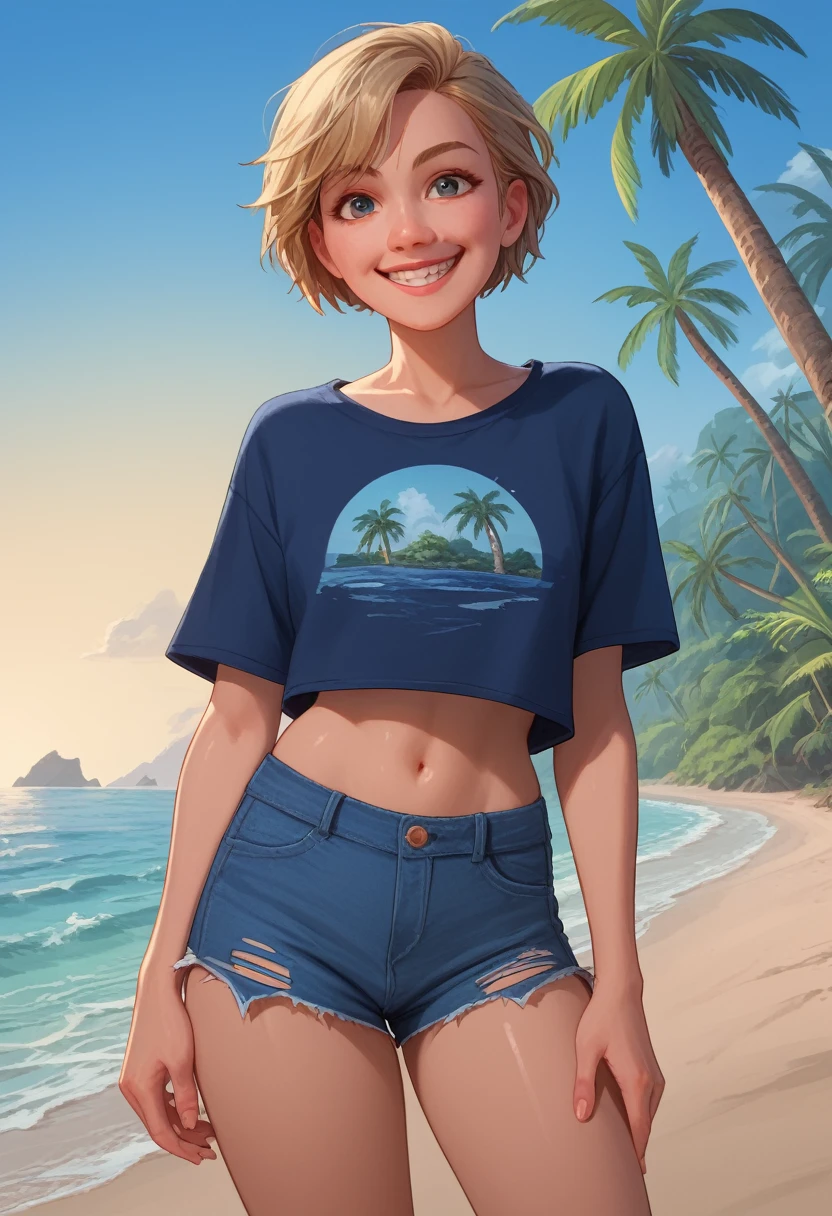 score_9, score_8_up, score_7_up, score_6_up

1girl,  short shorts, torn top, 

cowboy shot, looking at viewer, solo focus, 

tropical island, beach, ocean, hand on own hip, smile