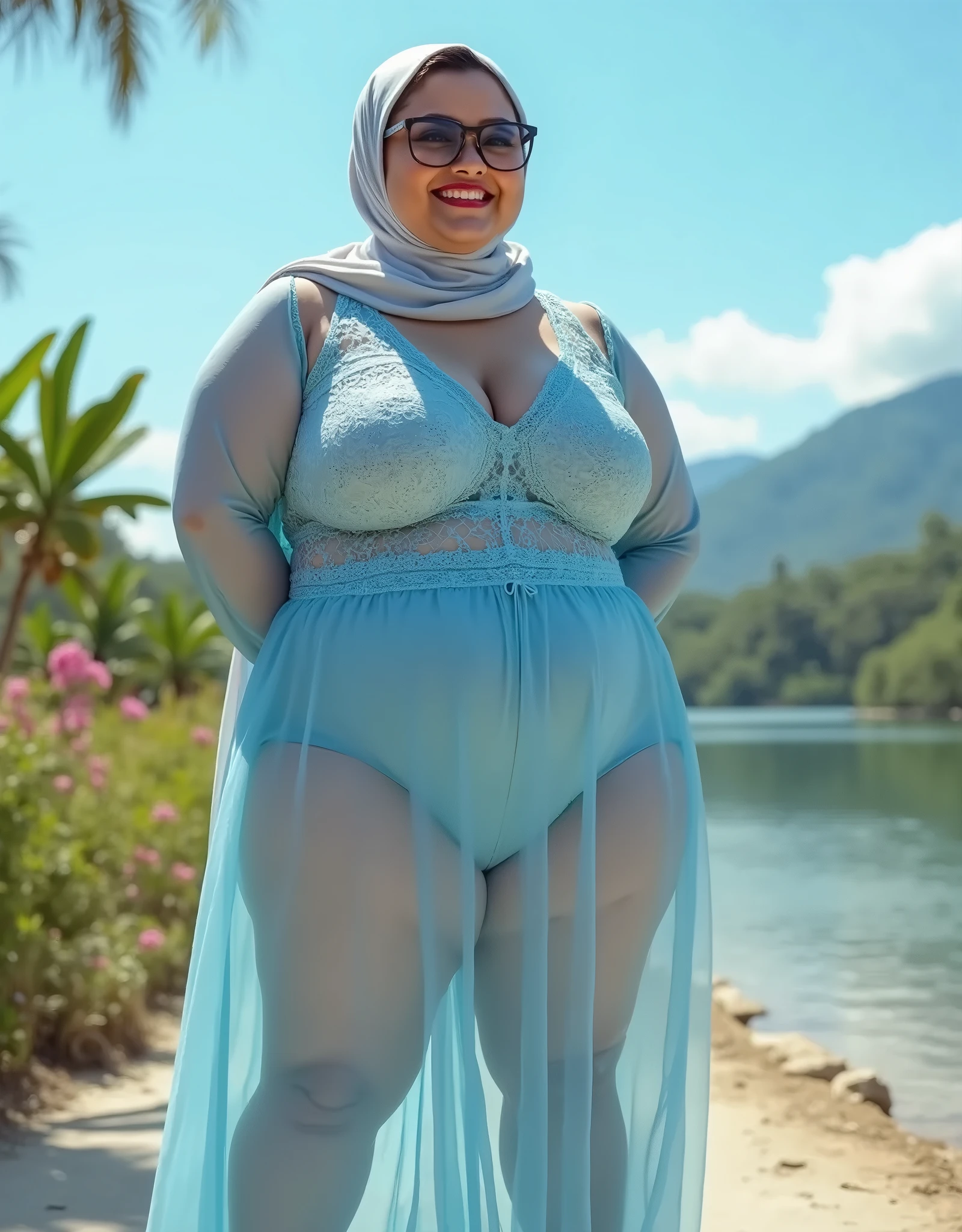 RAW, Best quality, high resolution, masterpiece: 1.3), Beautiful Malay mature woman in hijab, 45-Years-Old, wide circle thin glasses, Karya, plump body, big breast,sthick thighs,big beautiful eyes, Soft smile, beautiful face,muslim woman standing in front of a picnic table with a view of mountains, full body picture, ((no pants, exposing sexy ass)), seducting pose, with sunset, with mountains in the background, sarong batik style, background is heavenly, wearing mini Sarong with no pants, wearing tight mini sarong clothes, braless, pantless, in mountains, moutain in background Great lighting, Bright colors, Clean lines