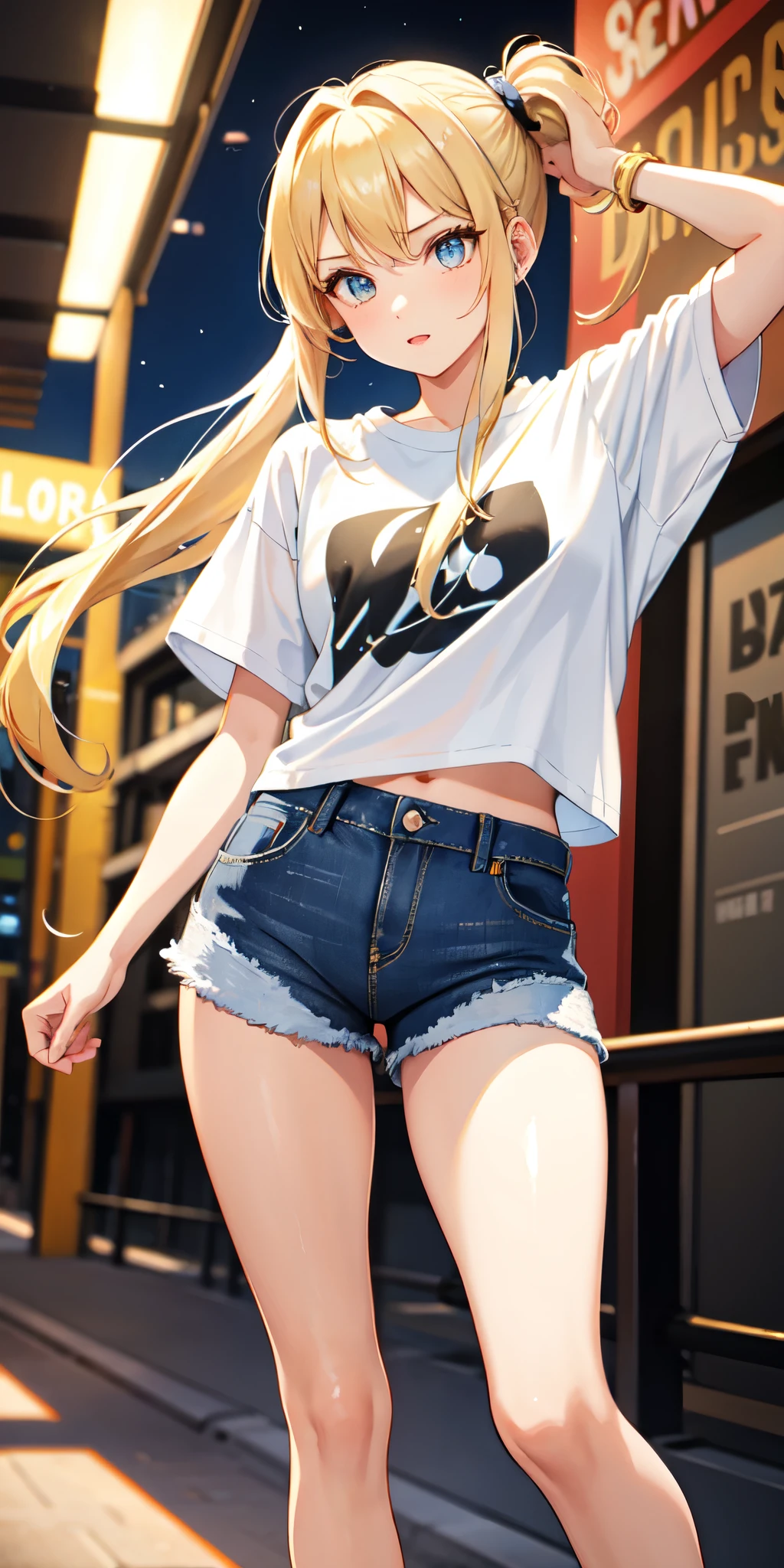 1girl, solo, long hair, breasts, looking at viewer, blush, bangs, shirt, twintails, very long hair, hair ribbon, (yellow eyes:1.3), low twintails, thighhighs, navel, closed mouth, standing, full body, white shirt, short sleeves, thighs, outdoors, shoes, shorts, day, hairclip, midriff, black thighhighs, stomach, arm up, crop top, short shorts, white footwear, denim, sneakers, blue shorts, denim shorts, hand on own head, crop top overhang, cutoffs