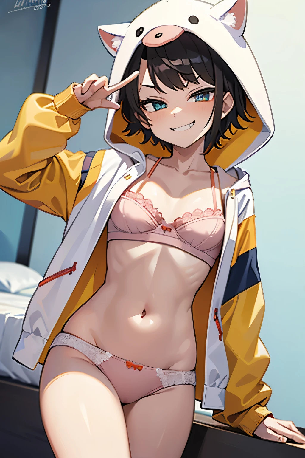 (masterpiece,highest quality,ultra high resolution),(iisubaru, short hair, hood up, animal hood, collarbone, hoodie, hooded jacket, multicolored jacket, long sleeves),standing,(Smirking eyes,suspicious smile:1.4),(open jacket ),(bottom less),(Super cute underwear, detailed underwear,pink panty,pink bra:1.3),(pussy),(下angle from below),(bedroom,dim),